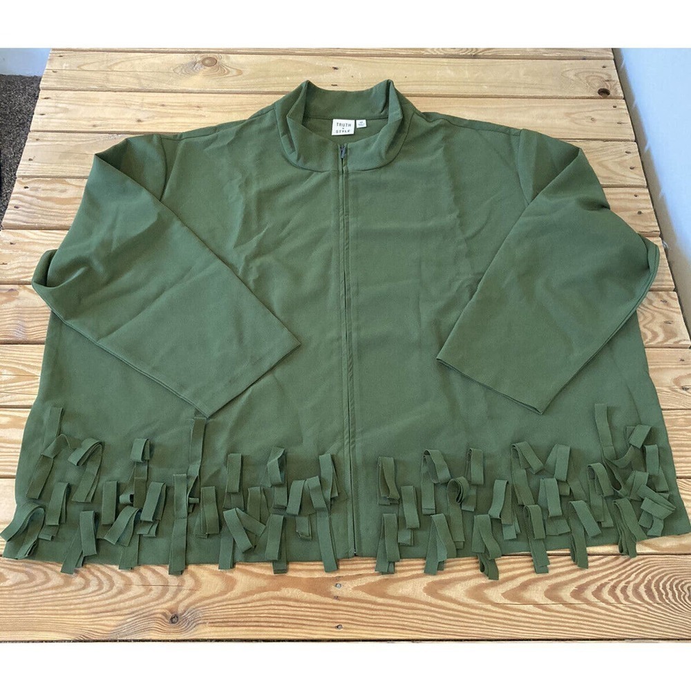 NEW Truth + Style Zip Front Novelty Fringed Jacket Size 3X Women’s Green